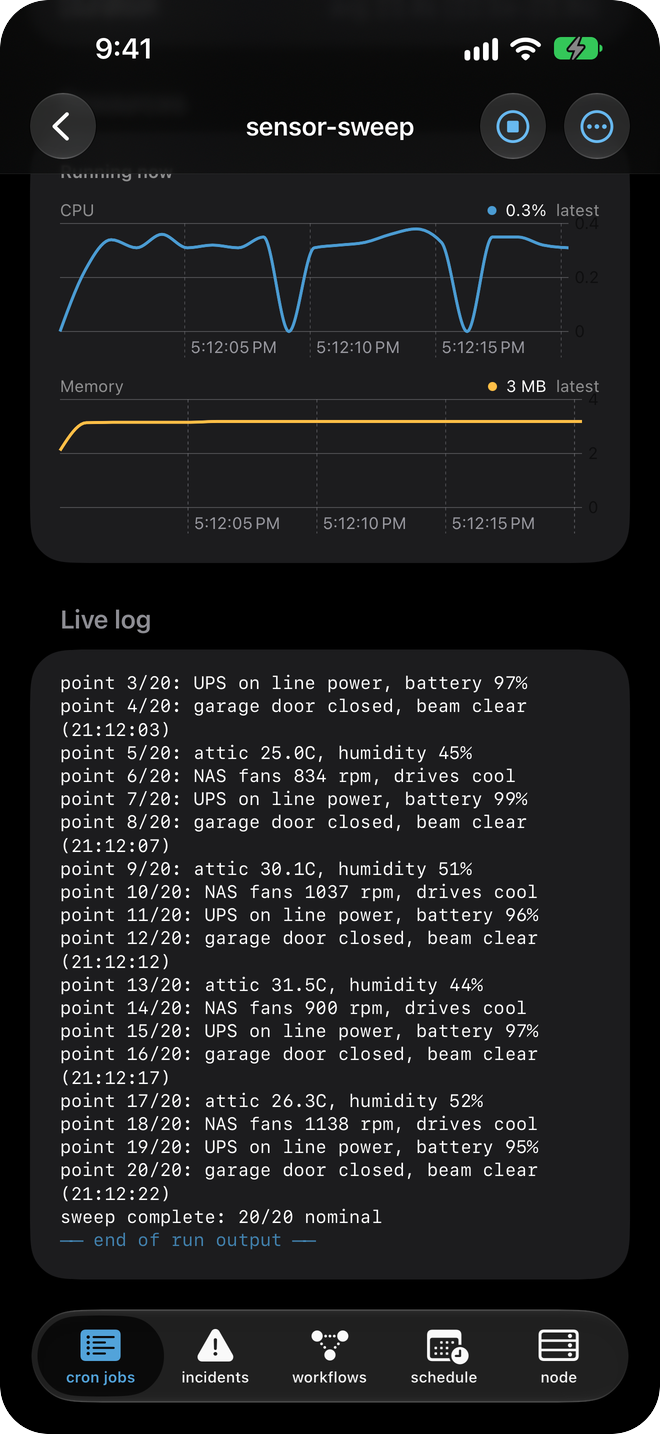A job's live log tail in dark mode, below its run stats and resource panel