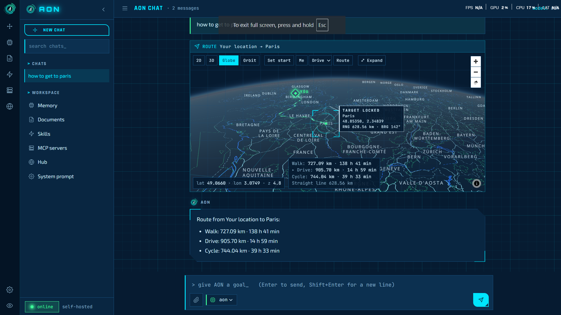 AON route on a 3D globe