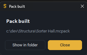 The pack built dialog
