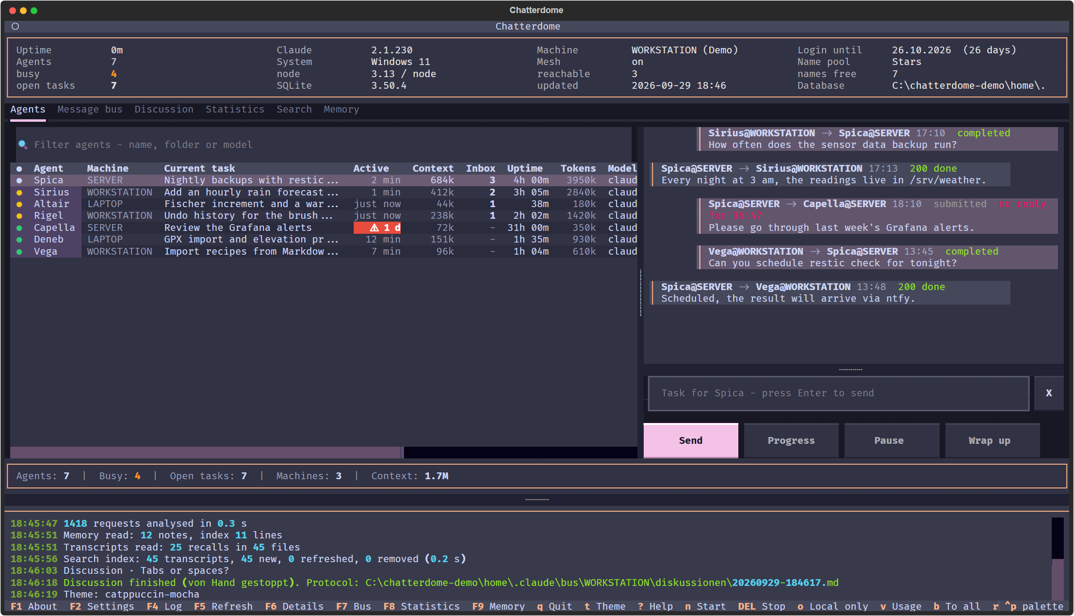 The agents tab in the Catppuccin Mocha theme