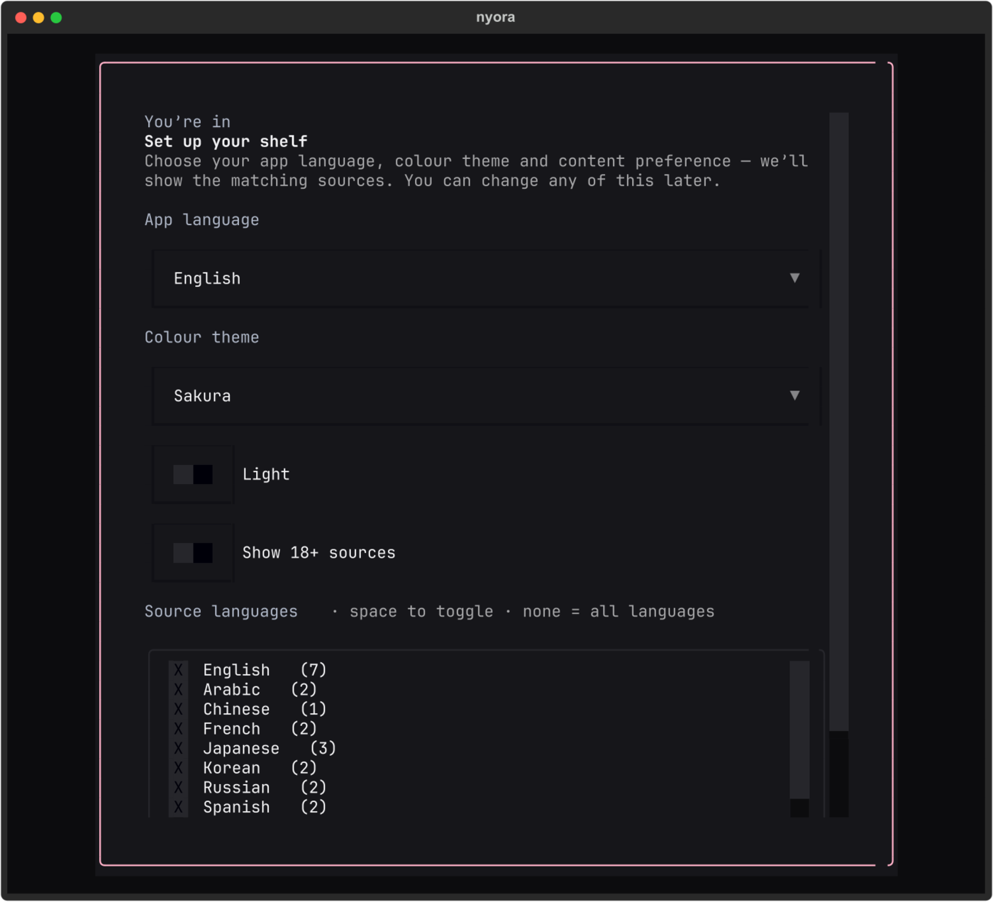 First-run setup: app language, colour theme, source languages