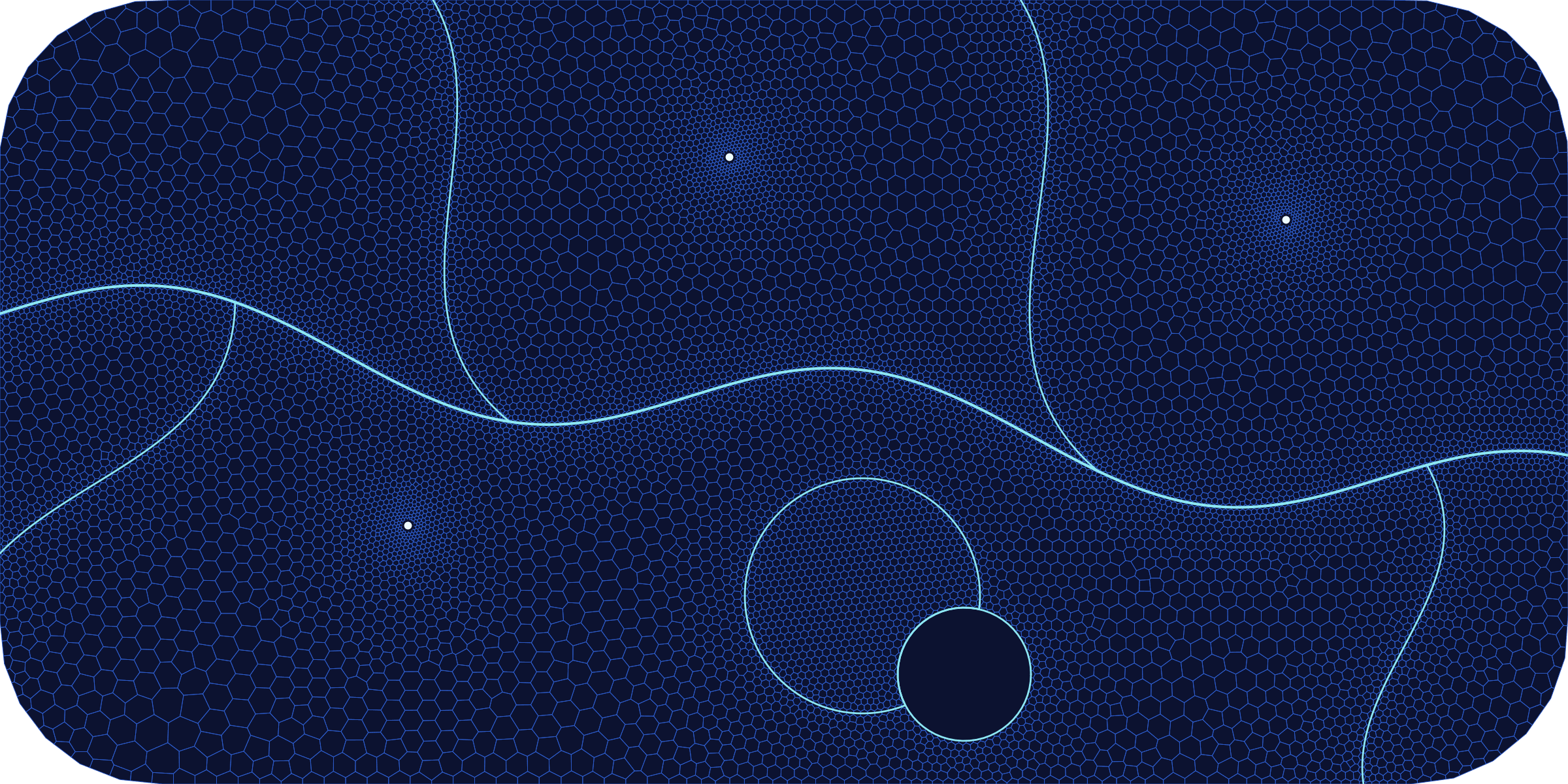 vorflow Voronoi grid: cells refine along a stream network, around wells and inside a circular zone, with a hole cut into the zone