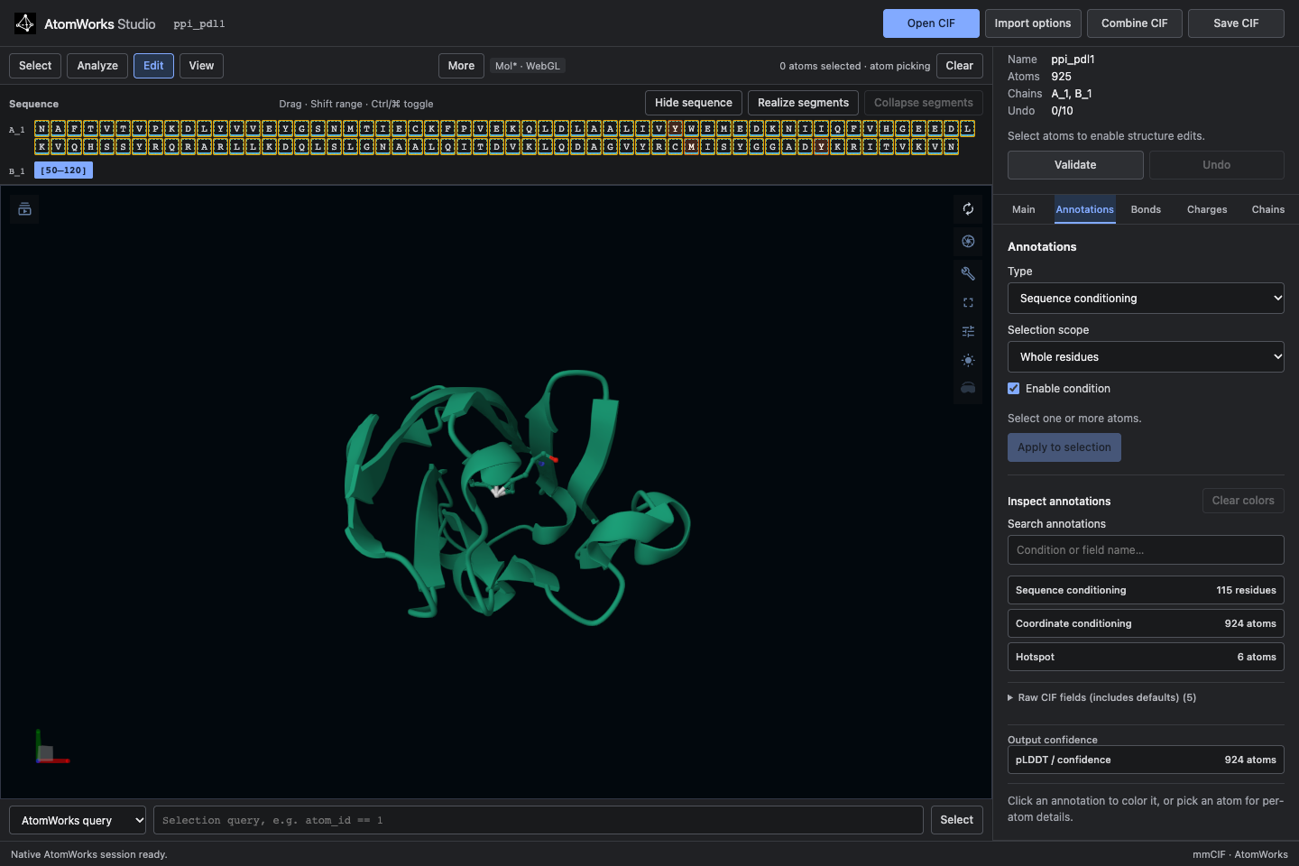 Annotations tab showing sequence, coordinate and hotspot conditioning counts
