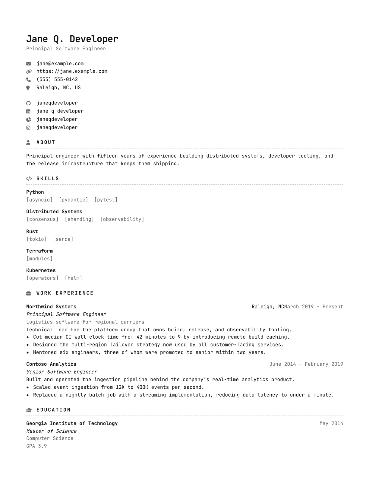 Sample resume generated from resume.json and minimal.less