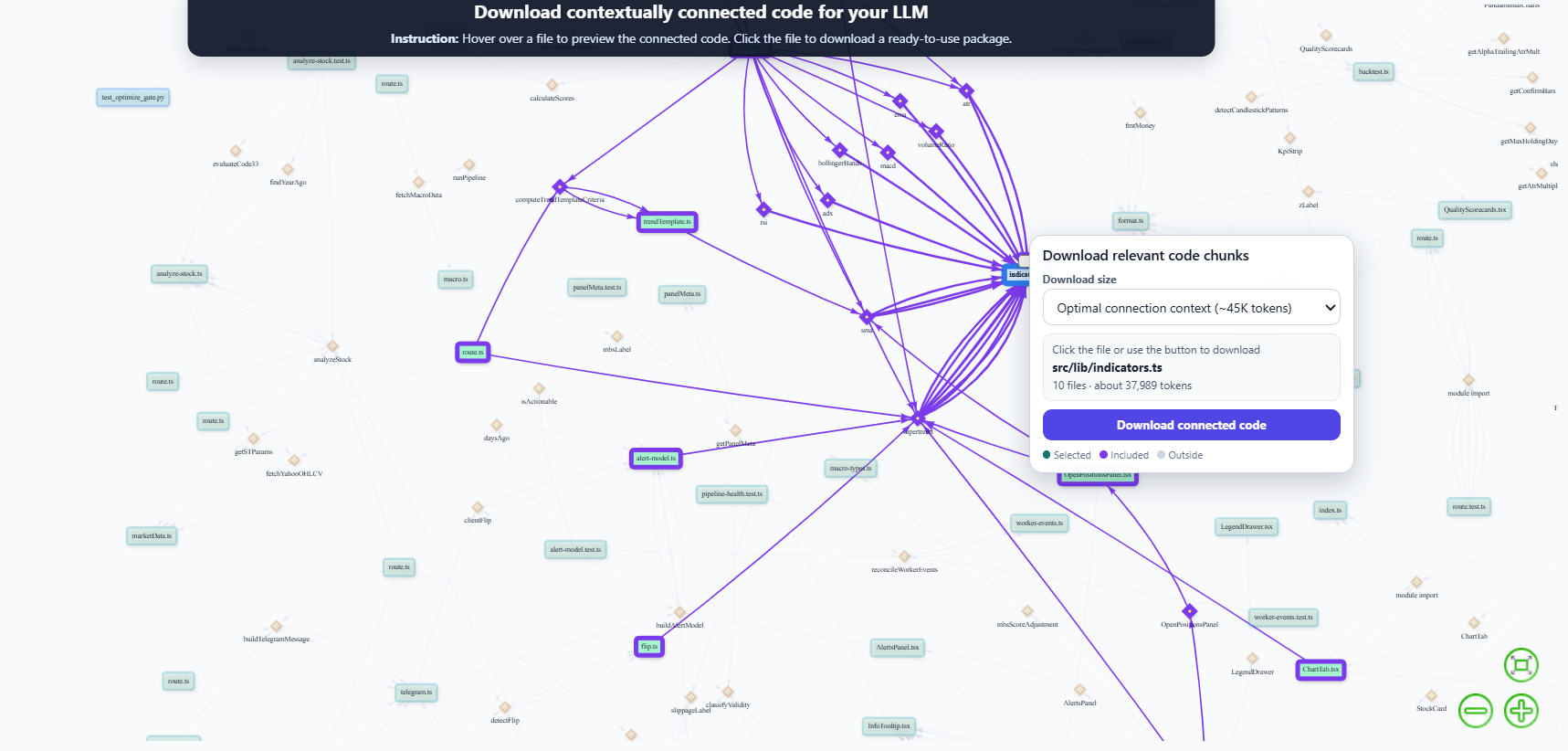 Connected Code Map showing contextually connected files and an LLM-ready download