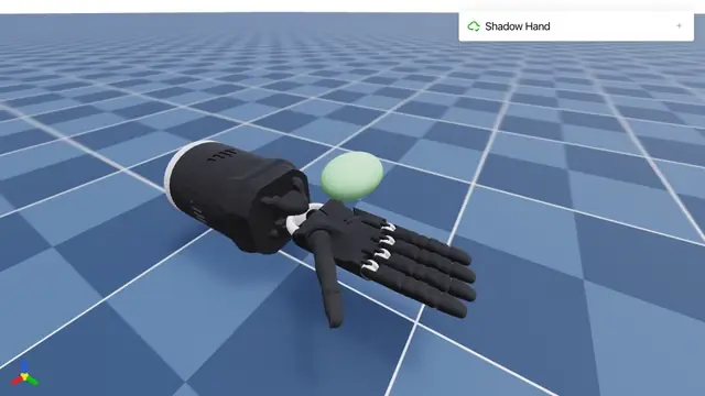 The Shadow Hand from MuJoCo Menagerie moves through its rock, paper, scissors, and pointing keyframes.