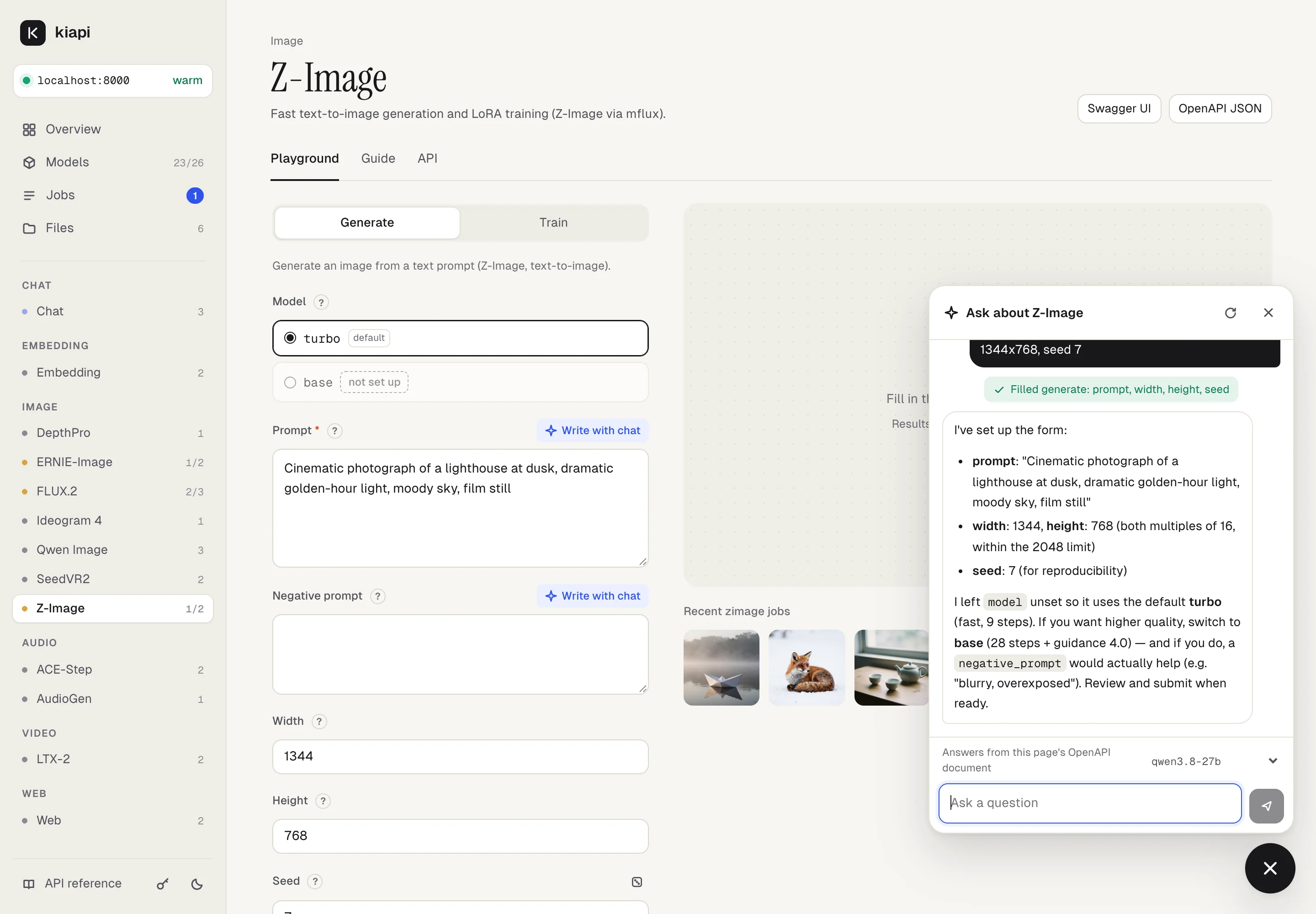 The assistant filling in the Z-Image form from a request