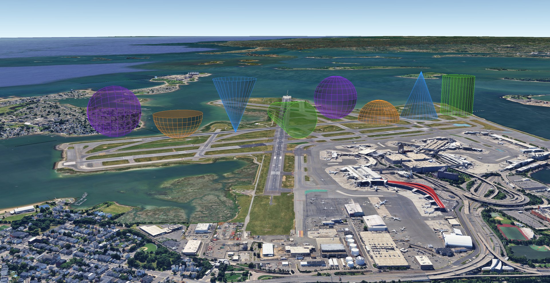 Colored 3D cylinder, cone, dome, and sphere volumes placed over Boston in Google Earth