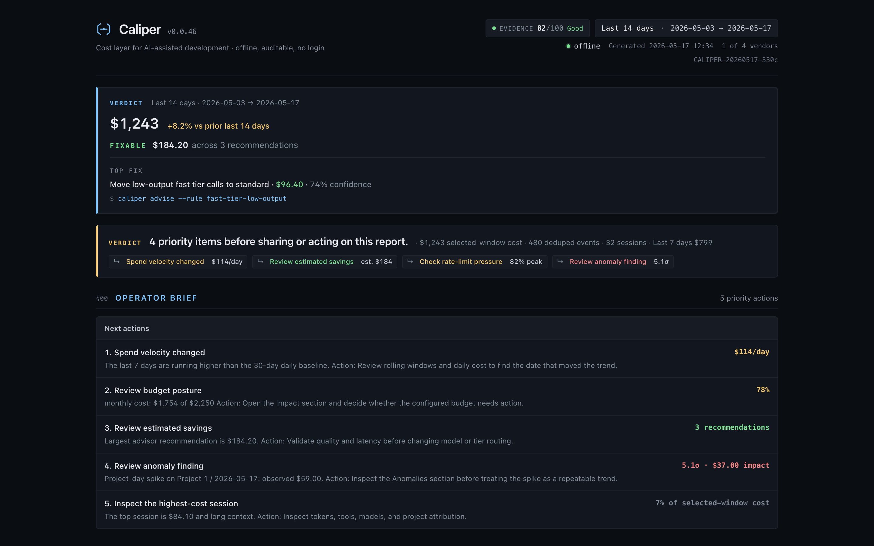 Caliper dashboard — verdict, KPIs, and next actions in Safe Share mode
