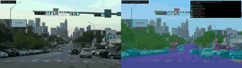 SegCraft GPU demo: original dashcam video beside semantic segmentation overlay