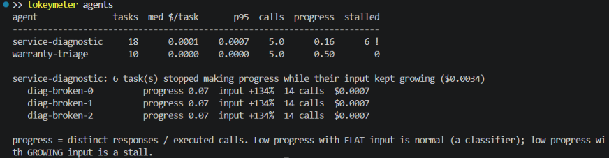 The tokeymeter agents report card in a terminal