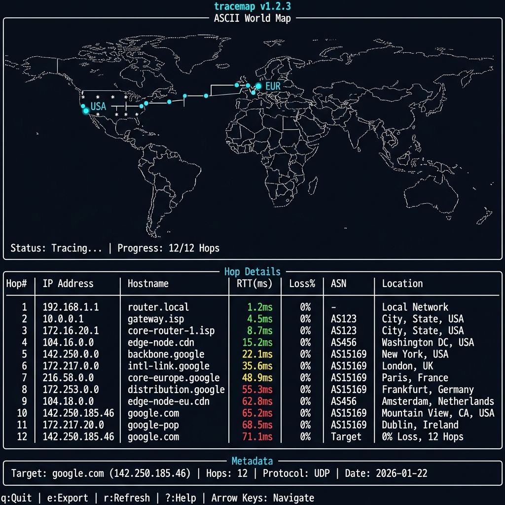 TUI Interface - Live terminal UI with map, hop table, and metadata