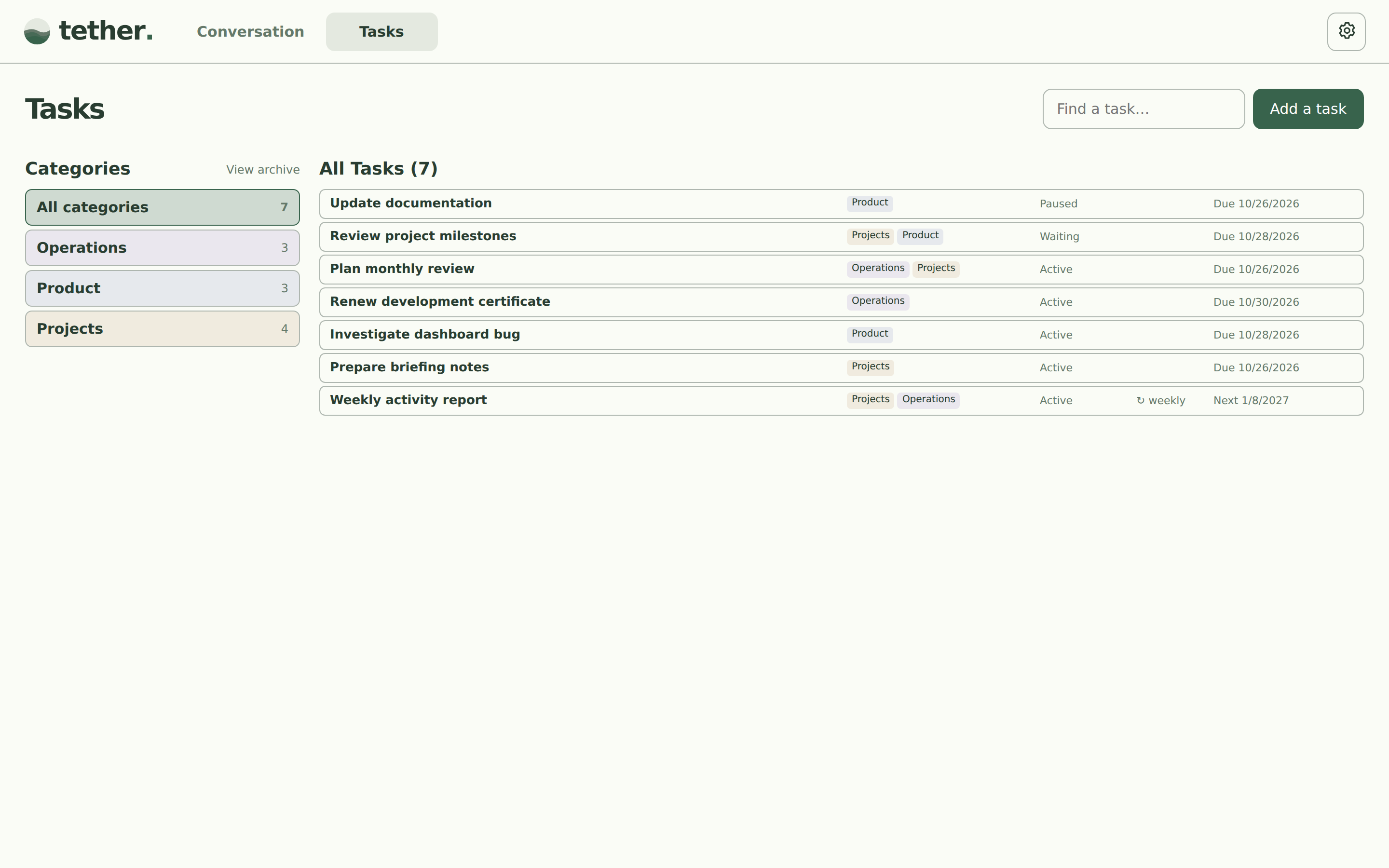 Category buttons and task list