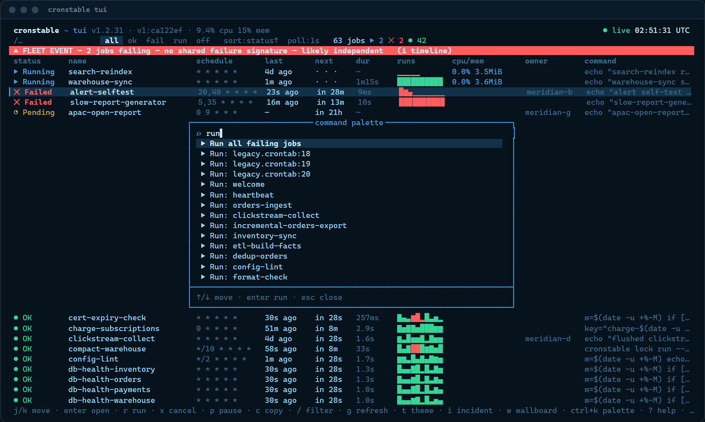 The command palette fuzzy-matching "run": global actions plus per-job and per-DAG commands