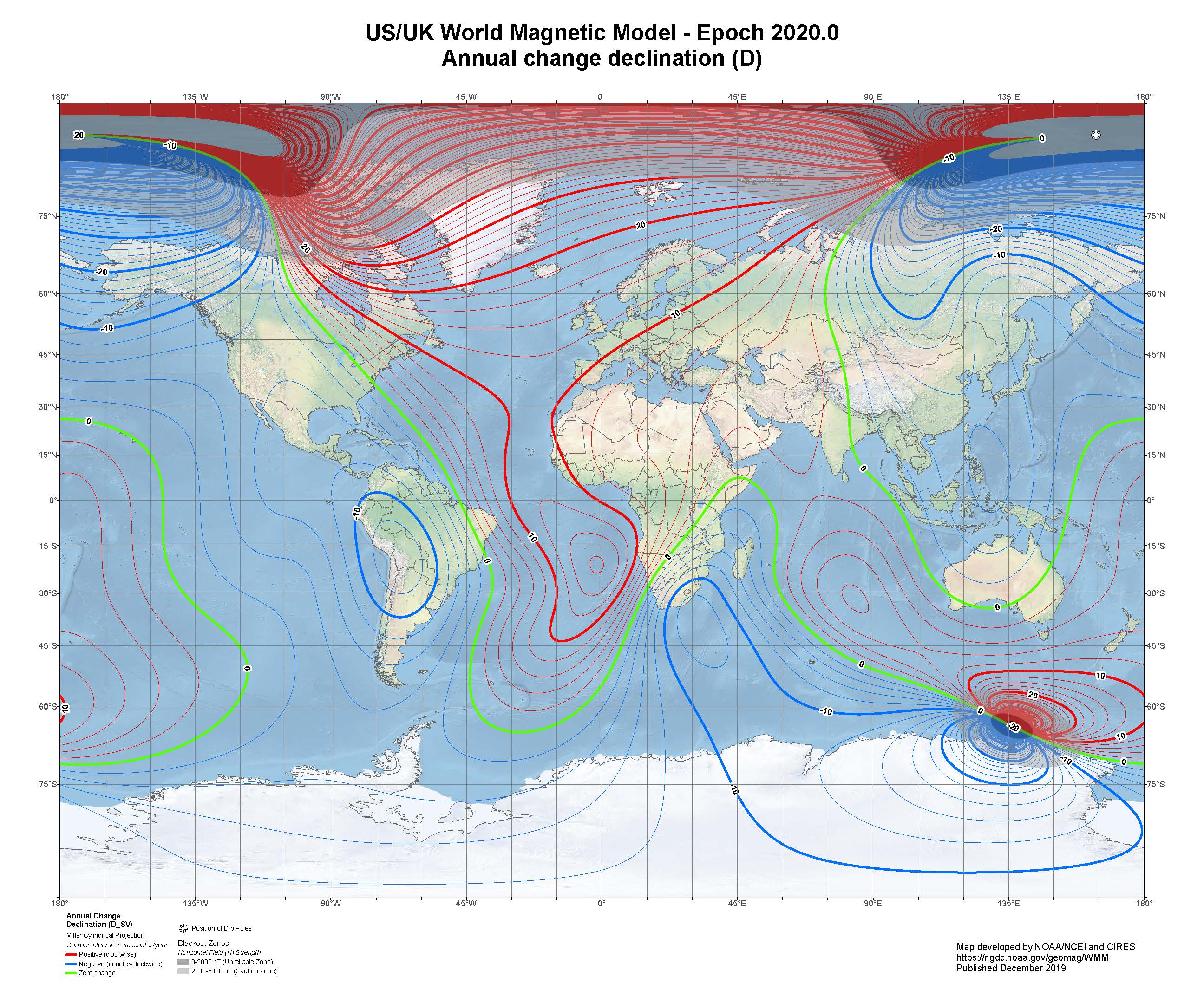 US/UK World Magnetic Model - Epoch 2020.0: Annual Change Declination