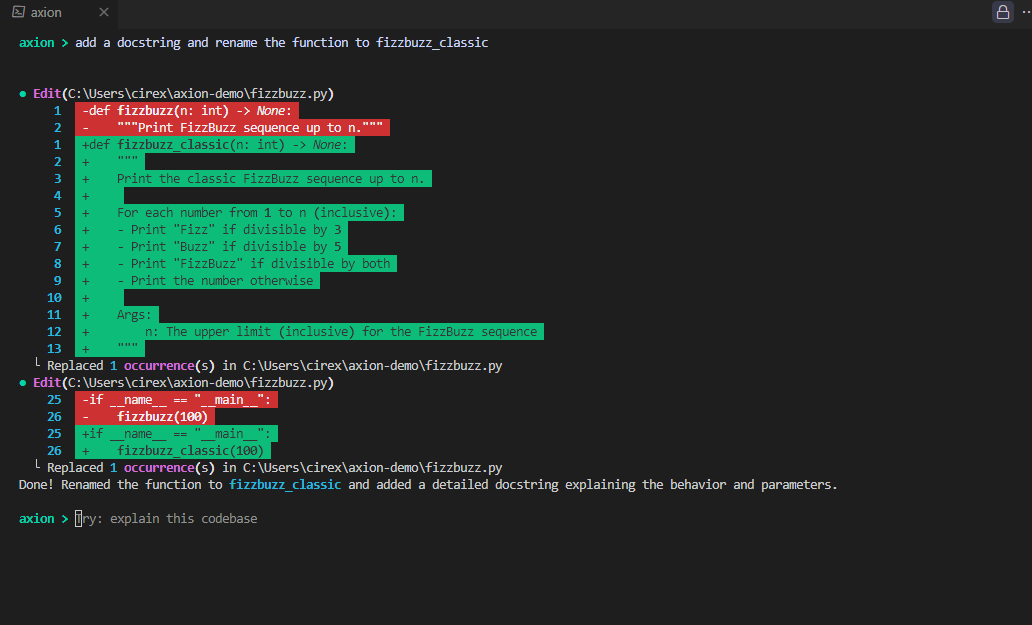 Axion editing fizzbuzz.py with line-numbered red/green diff highlighting