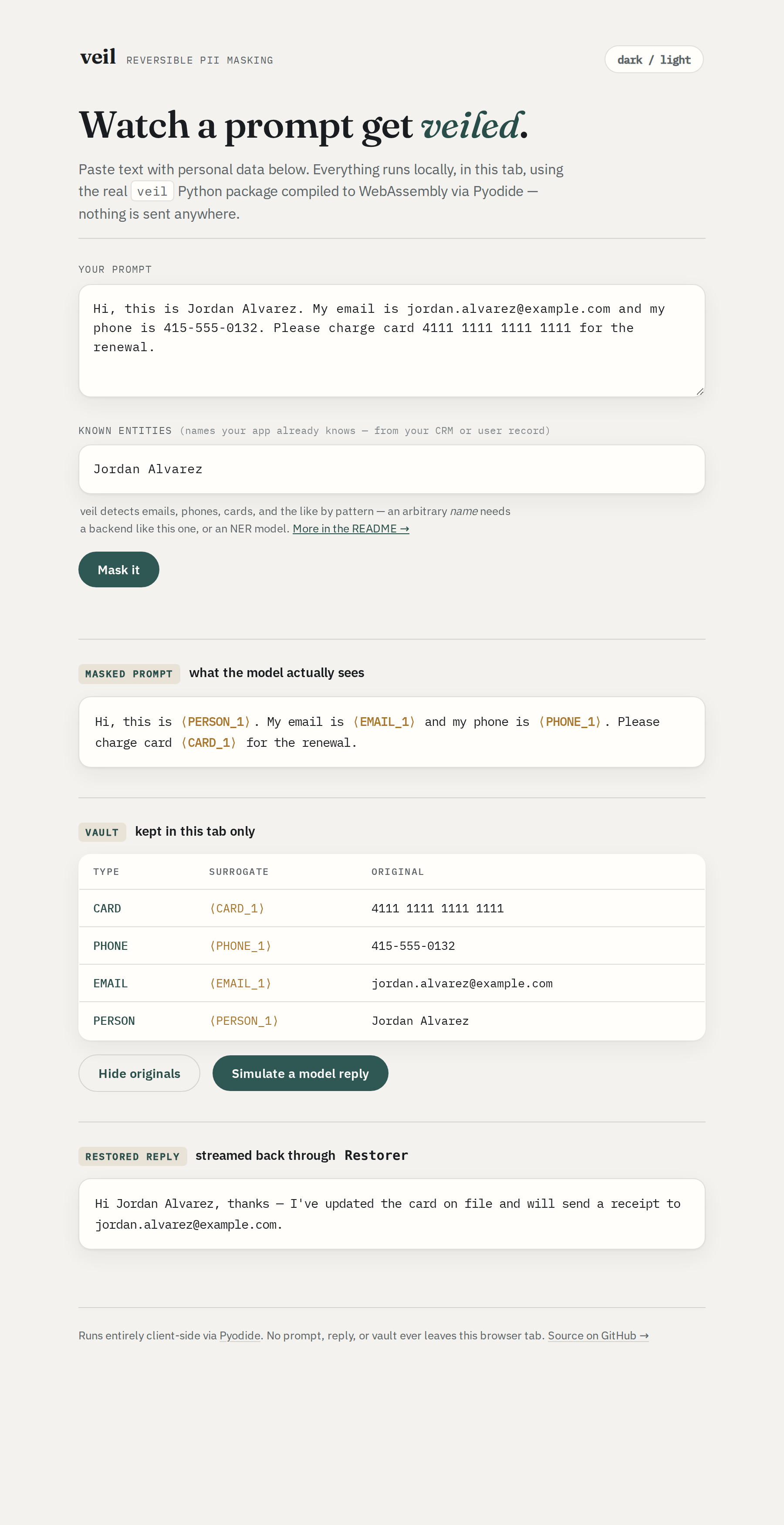 The web demo: a name, email, phone, and card number masked to surrogates, and a simulated reply restored back to "Hi Jordan Alvarez, thanks — ..."