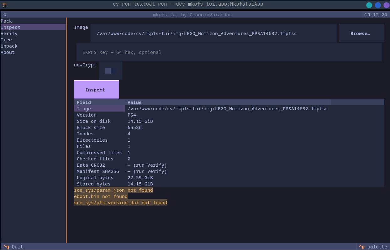 mkpfs-tui — the Inspect view