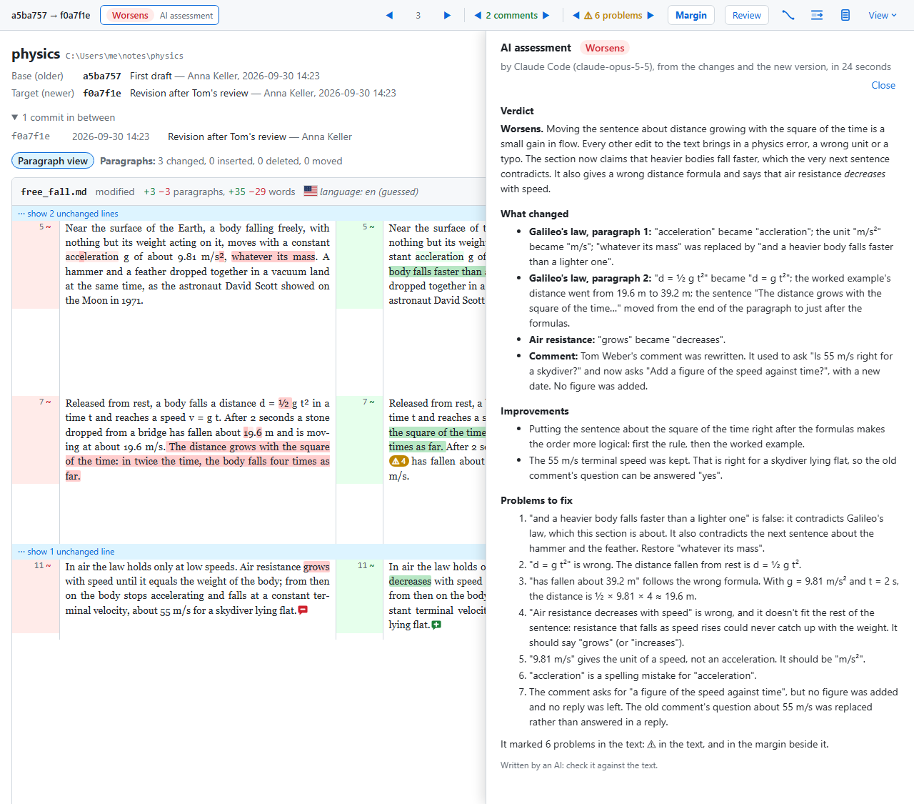 The AI assessment of a prosediff report, opened in its drawer from the verdict in the top bar: a verdict badge, what changed, the improvements and the problems to fix