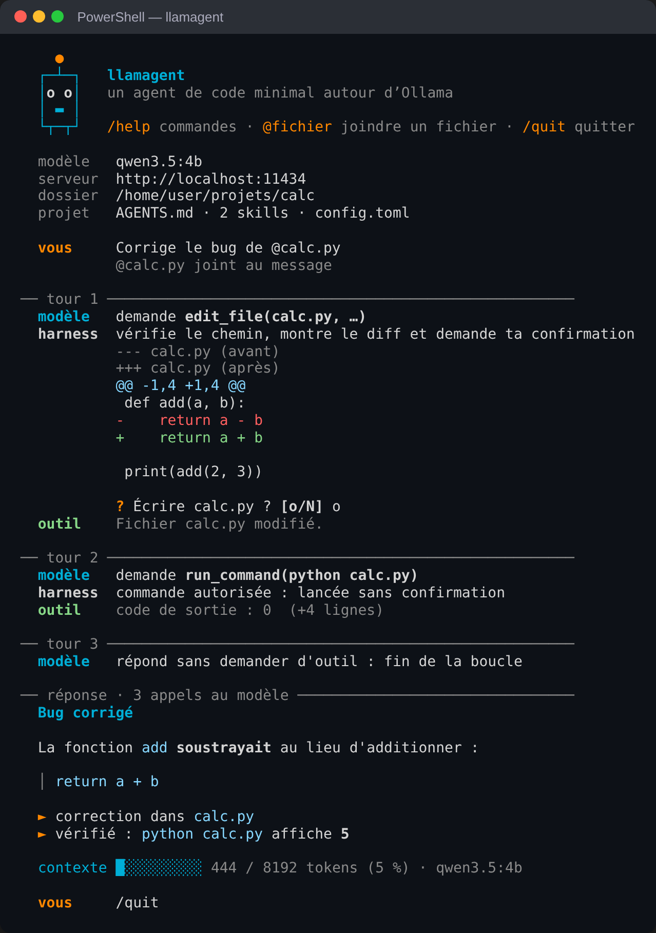 Interface de llamagent : la mascotte, puis chaque tour de la boucle avec le modèle, le harness et l'outil