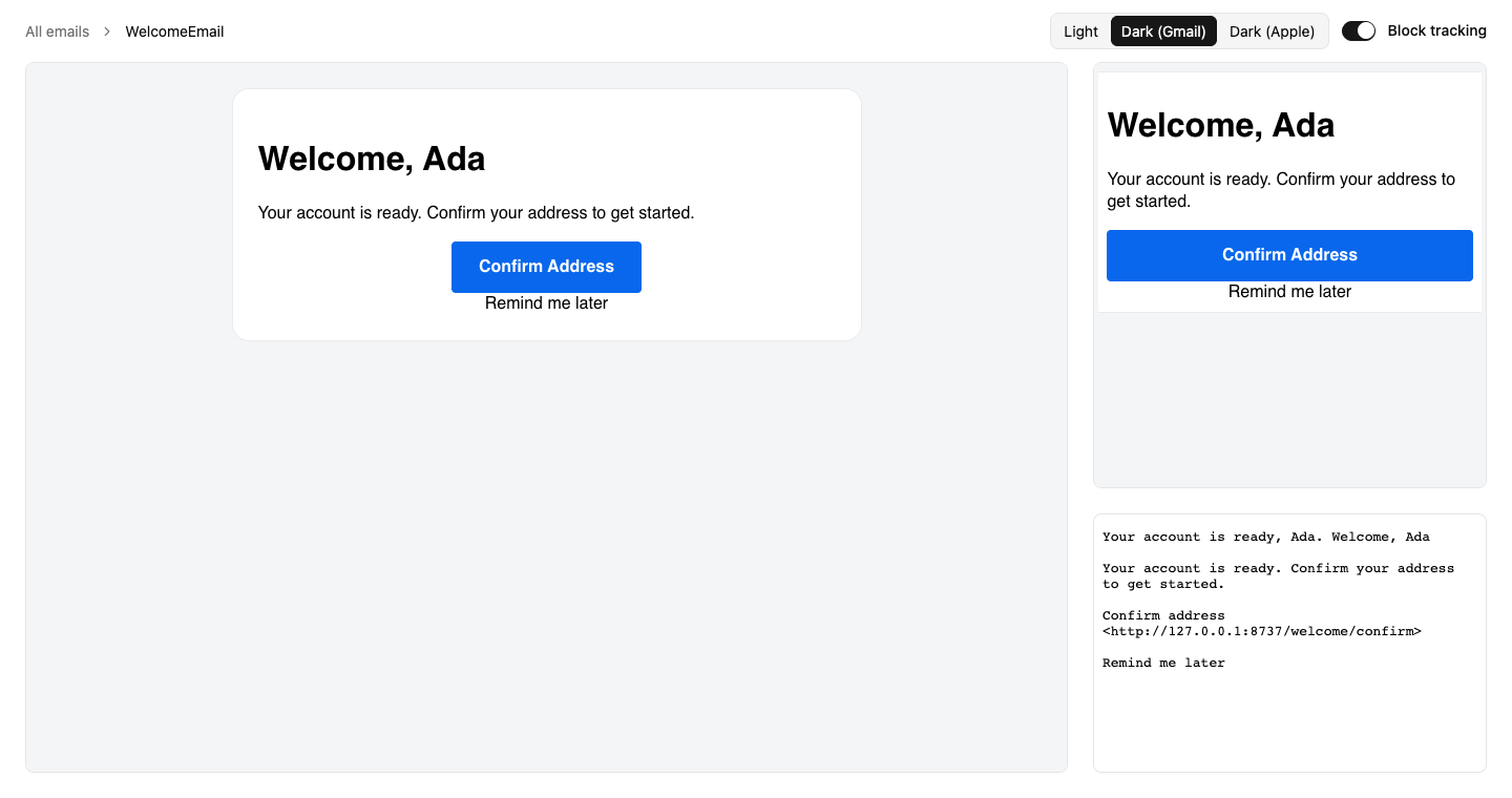 WelcomeEmail in the desktop, mobile and plain-text frames of the preview page