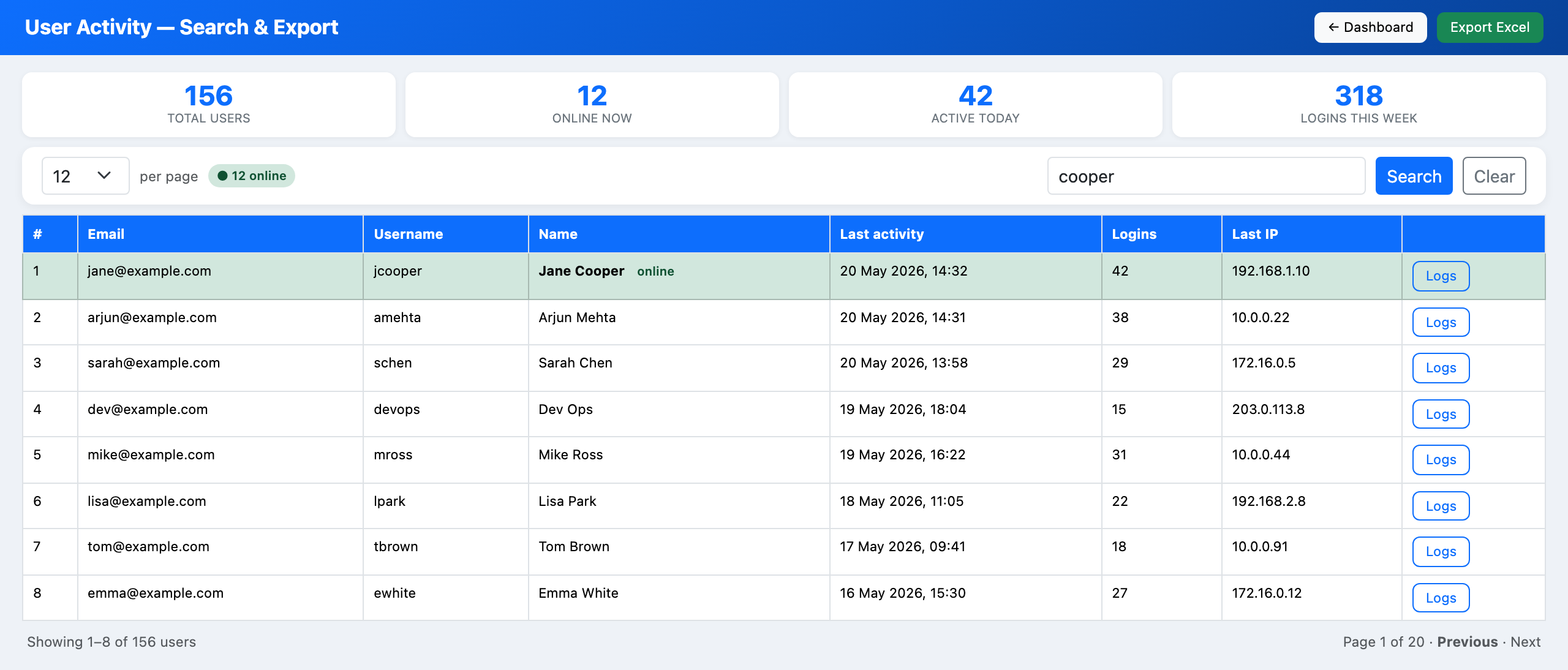 User list — search, pagination, export