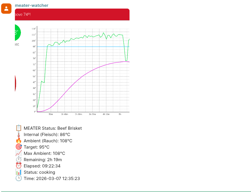 Matrix chat mid-cook status: 86 °C internal, 9 h 22 min elapsed