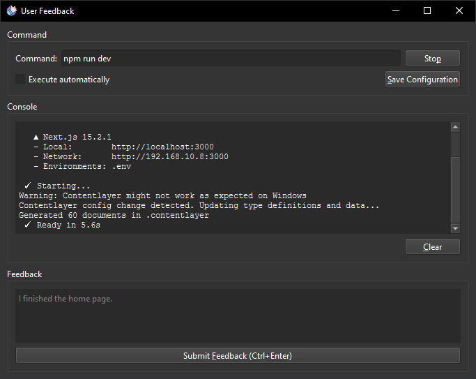 Screenshot showing the feedback UI