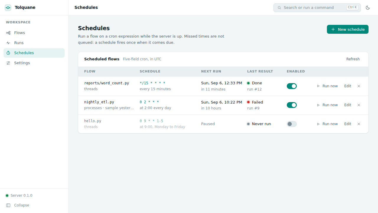 The Schedules page: cron expressions with what they mean and when they fire next