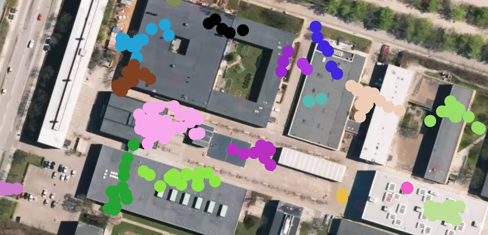 Points on a map of a university campus, coloured by stop location label