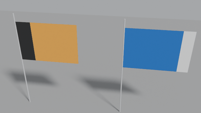 Two flags hanging from their poles, fluttering in the wind