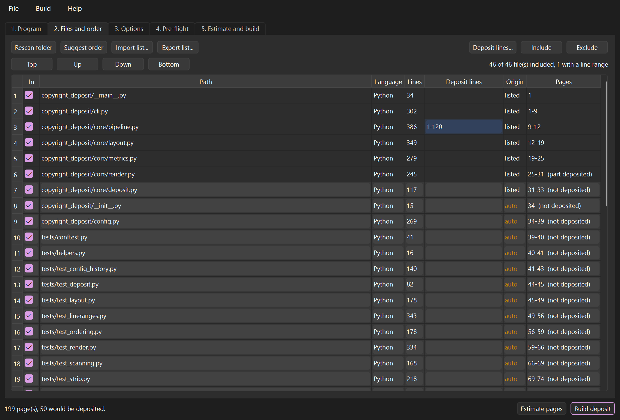 The files tab: drag-ordered file list with language, line counts, per-file line ranges and the pages each file occupies