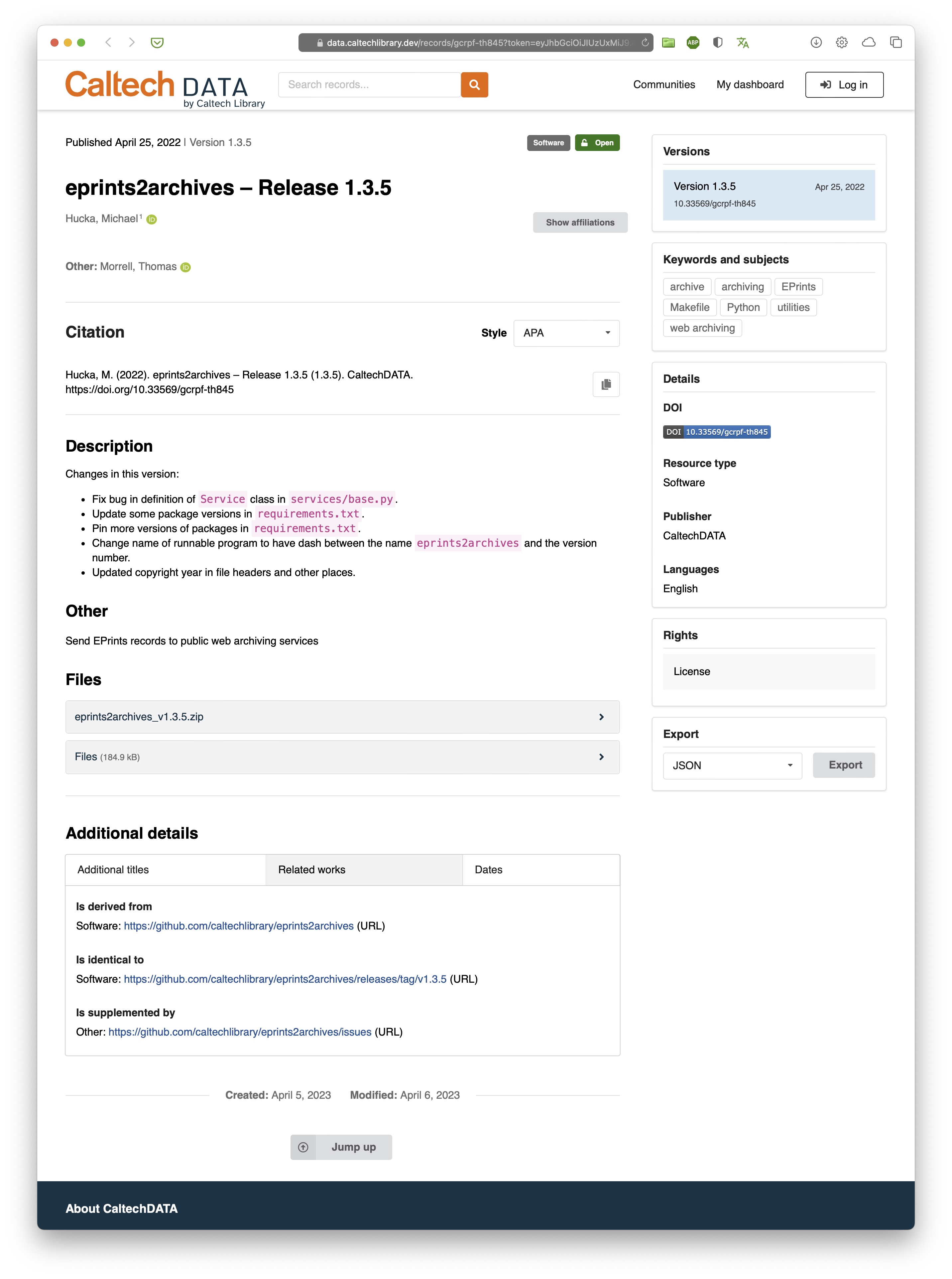Screenshot of the corresponding entry in InvenioRDM