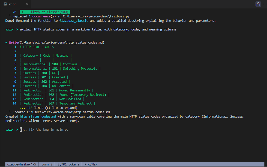 Axion writing http_status_codes.md with full content preview and line numbers