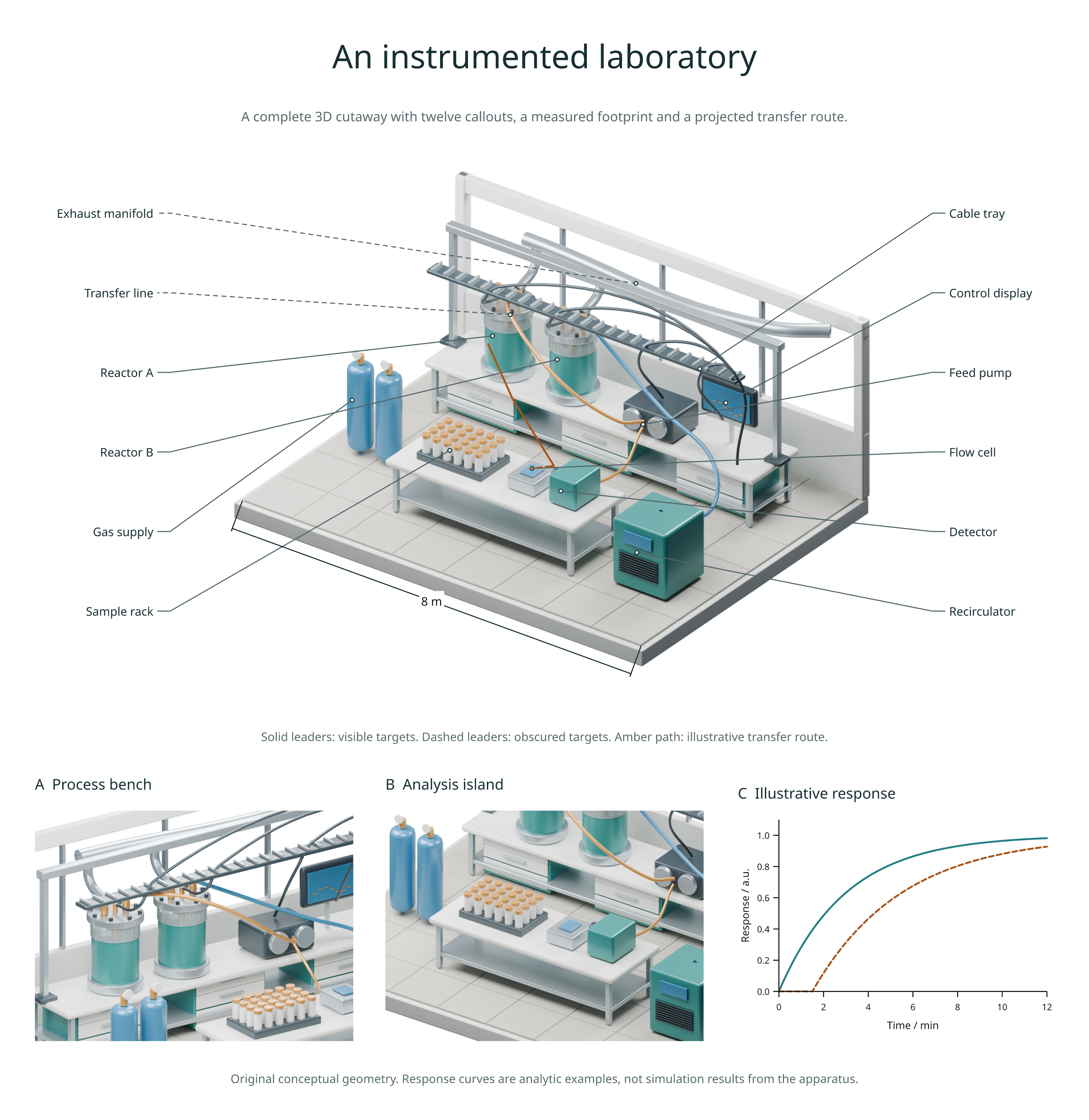 An annotated laboratory cutaway with detail views and a response plot