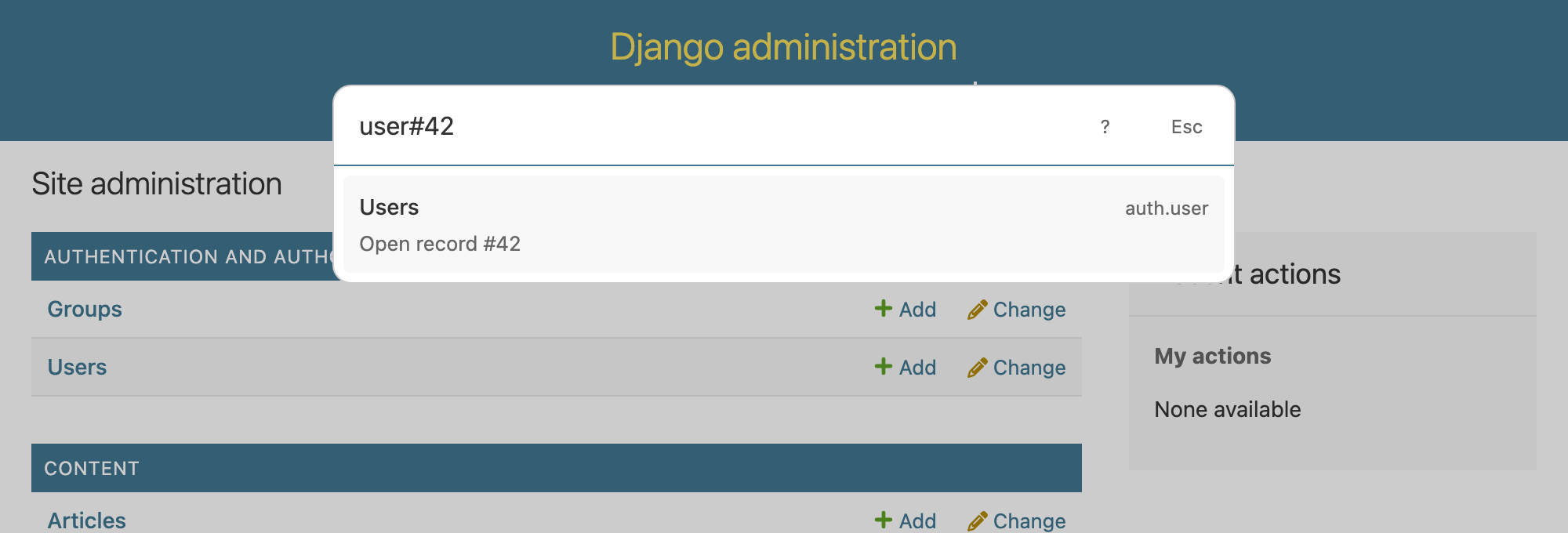 Django CmdBar showing the query user#42 and the result Open record #42.