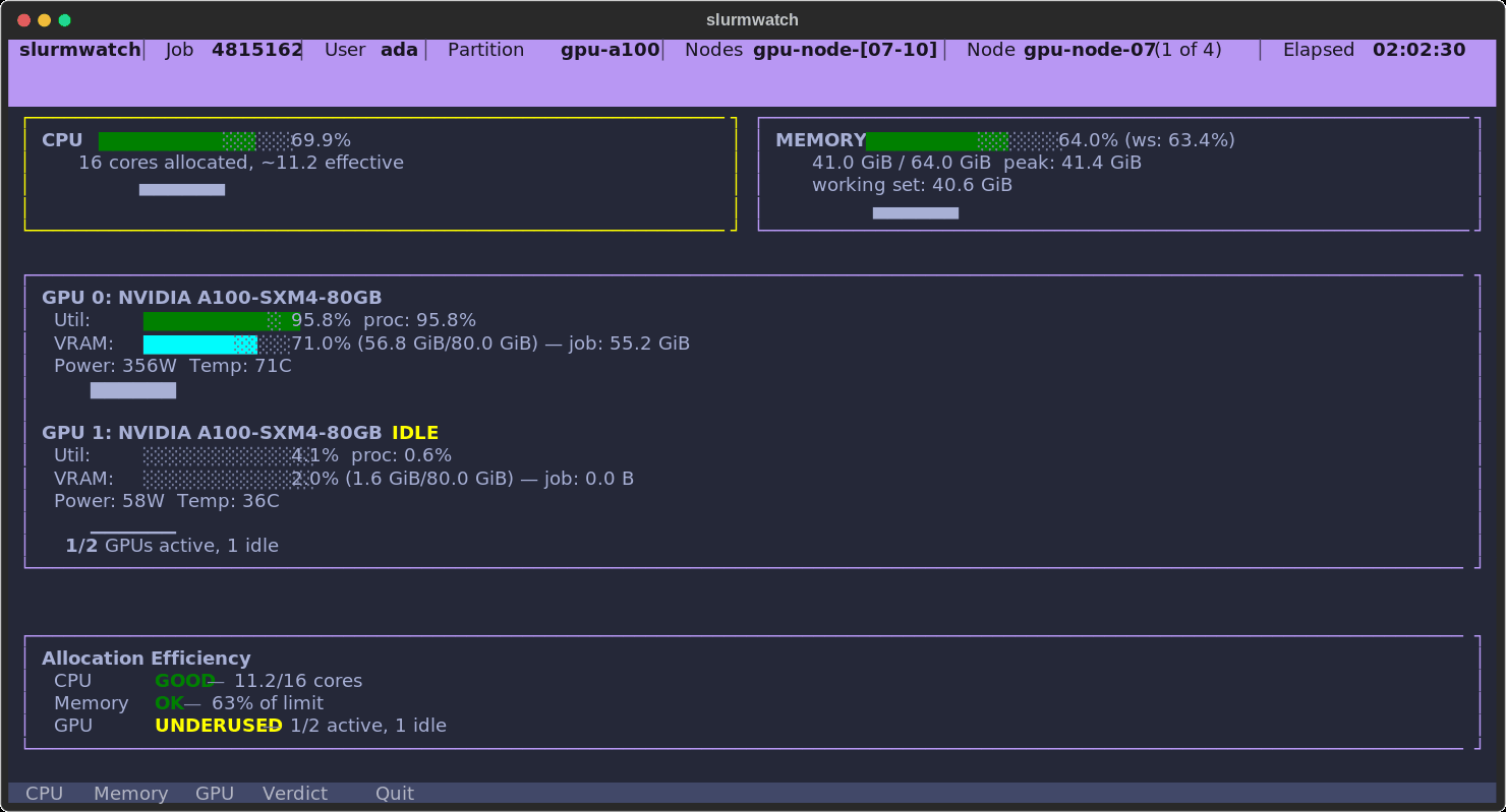 slurmwatch live TUI dashboard: per-process CPU, memory, and GPU telemetry for a Slurm job. Memory climbs from safe into the OOM-guard WARNING and CRITICAL bands while the allocation-efficiency verdict flags an idle GPU (1 of 2 active).