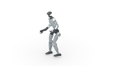 Standing humanoid turning and taking small steps on a white background