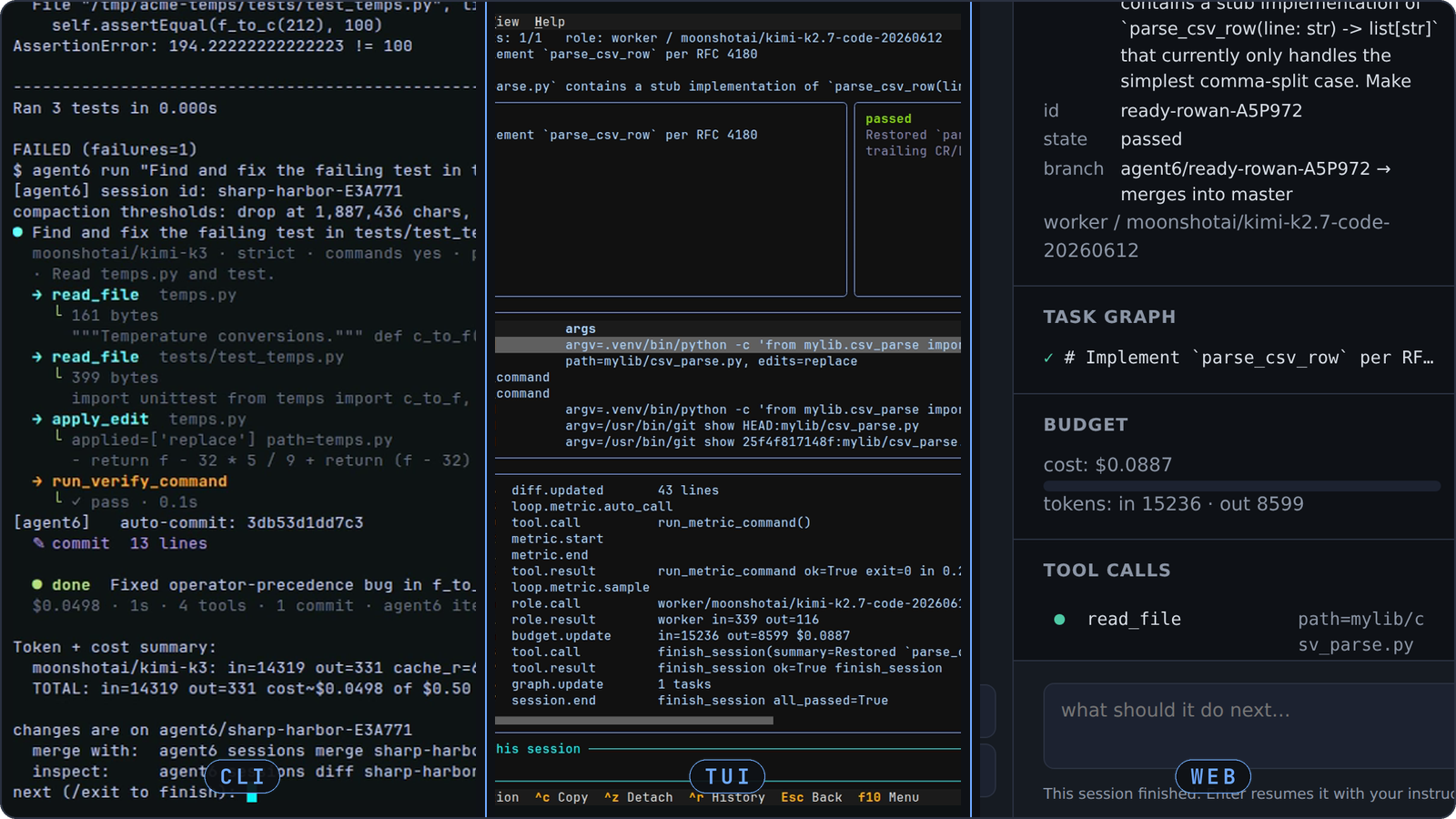 agent6: one sandboxed coding agent across the CLI, the TUI, and the web