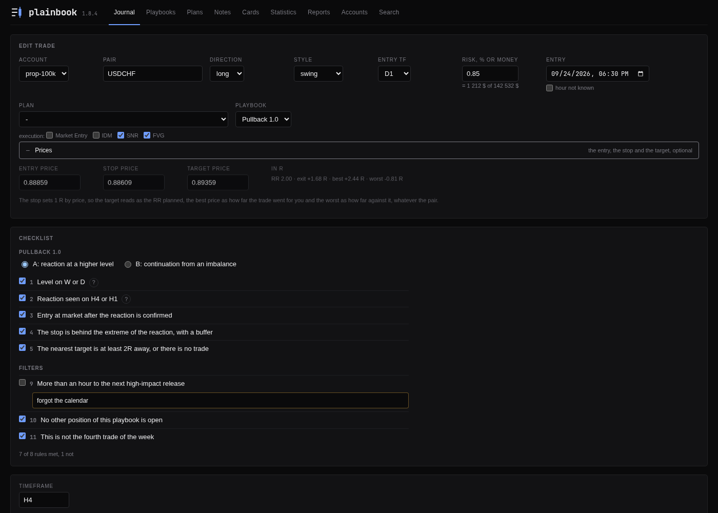 The form of a trade: the fields, the checklist of the playbook, the idea with its screenshot