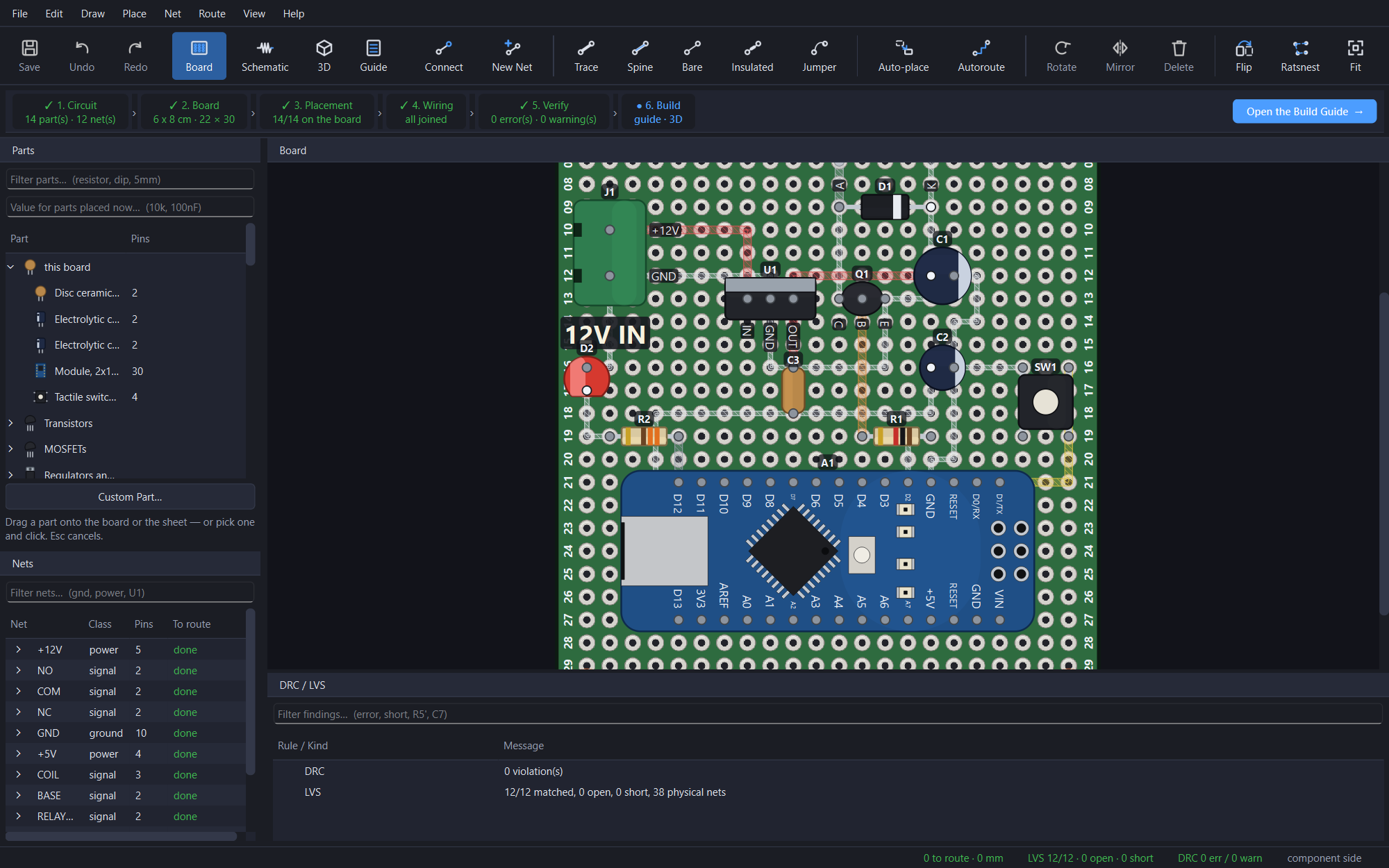 An Arduino Nano relay driver: the catalog's parts, the Nano on its header strips, pin names and labels on the board