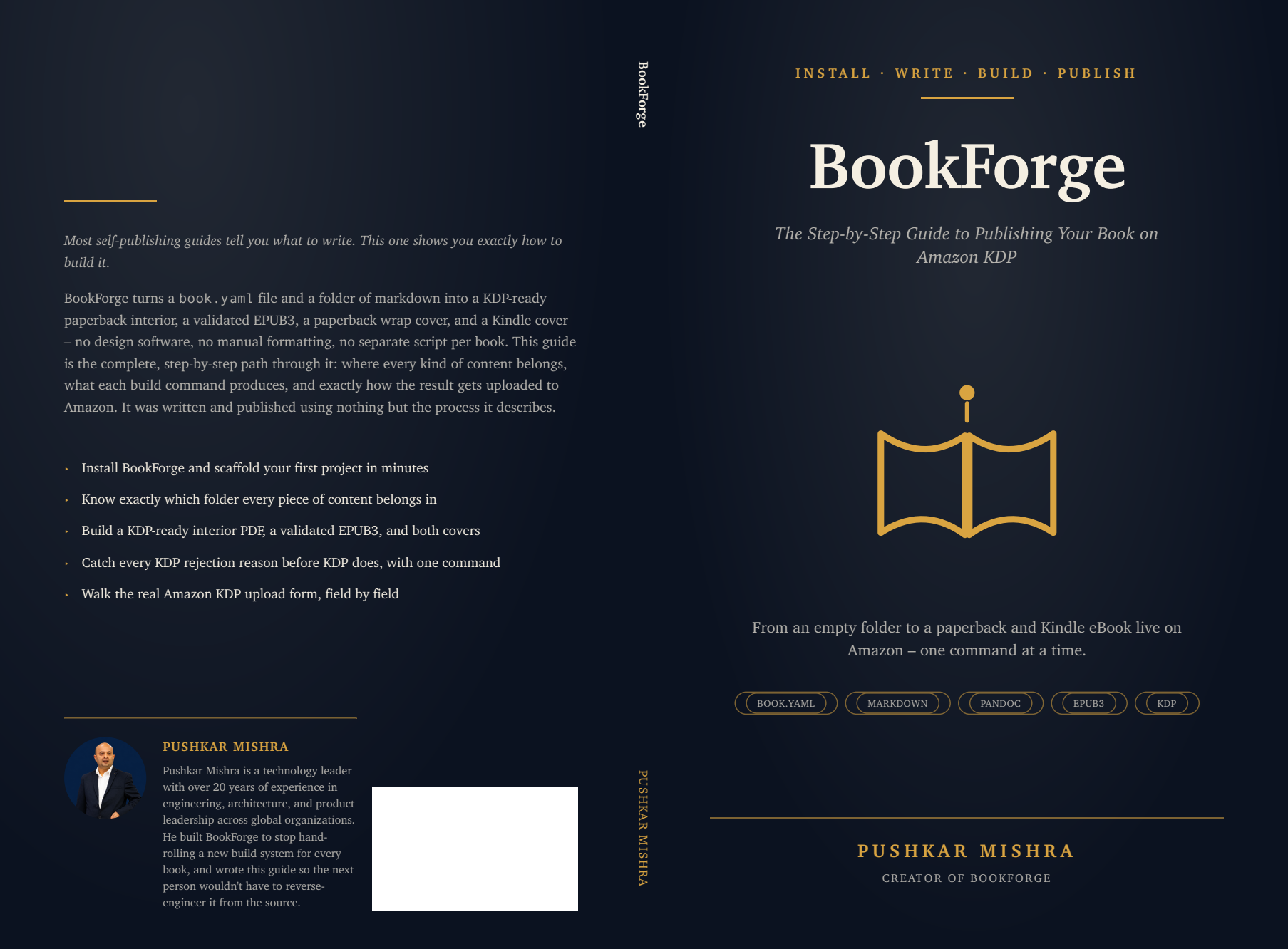 BookForge — full wraparound cover (back, spine, front)