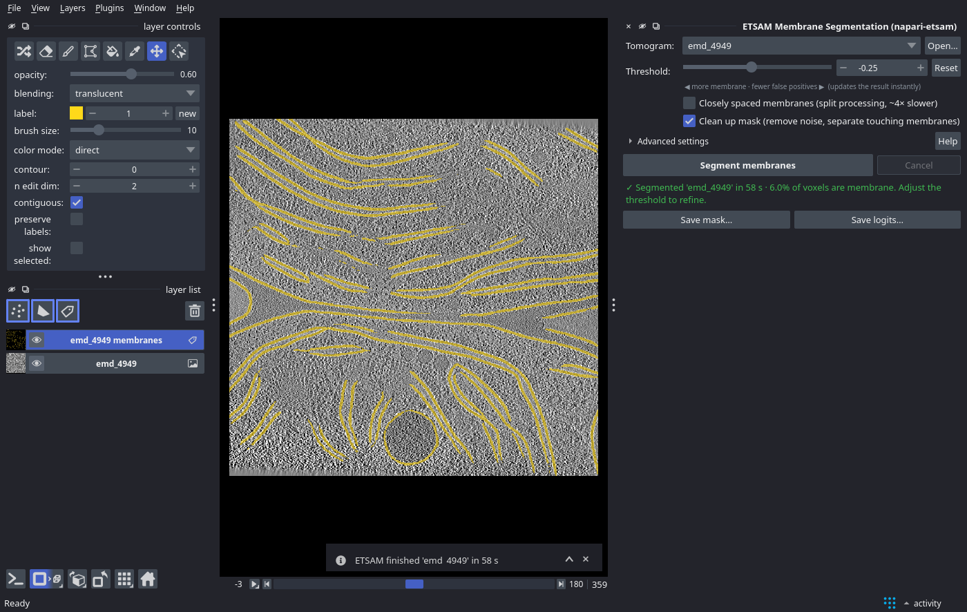 ETSAM membrane segmentation overlaid on a tomogram in napari
