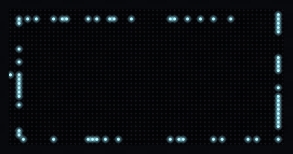 ScrollKit hero: a swarm assembles the ScrollKit logo, sheen sweeps over it, then it colorizes to electric-blue/magenta/gold, all rendered on a 64×32 LED panel