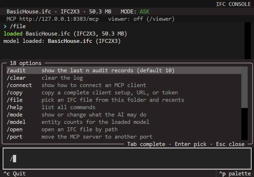 The ifc-console terminal with a model loaded