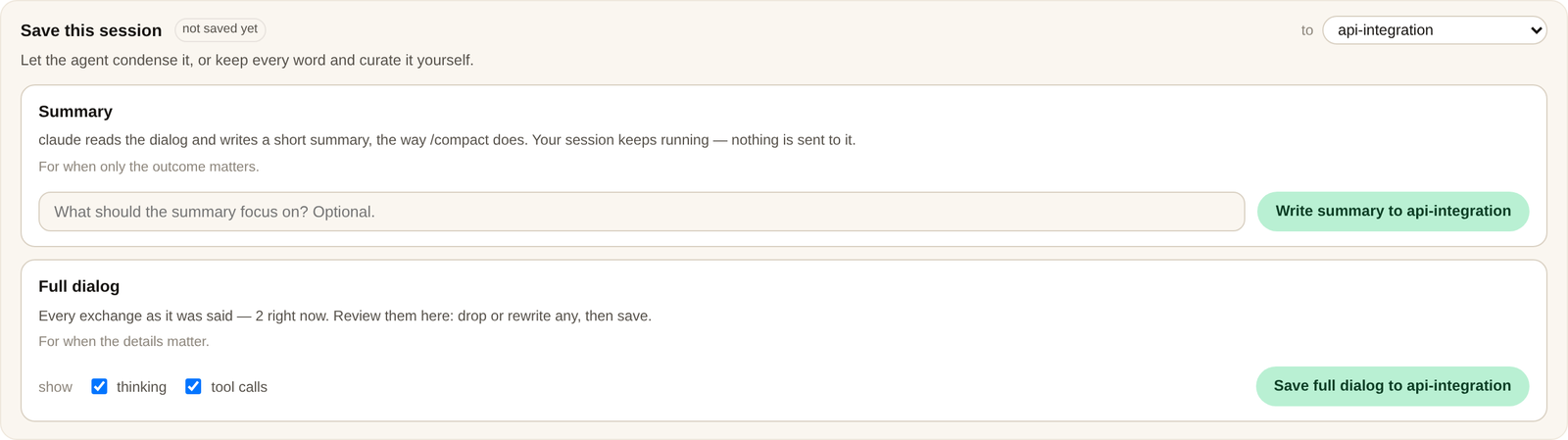 The save box: a summary or the full dialog, to which checkpoint