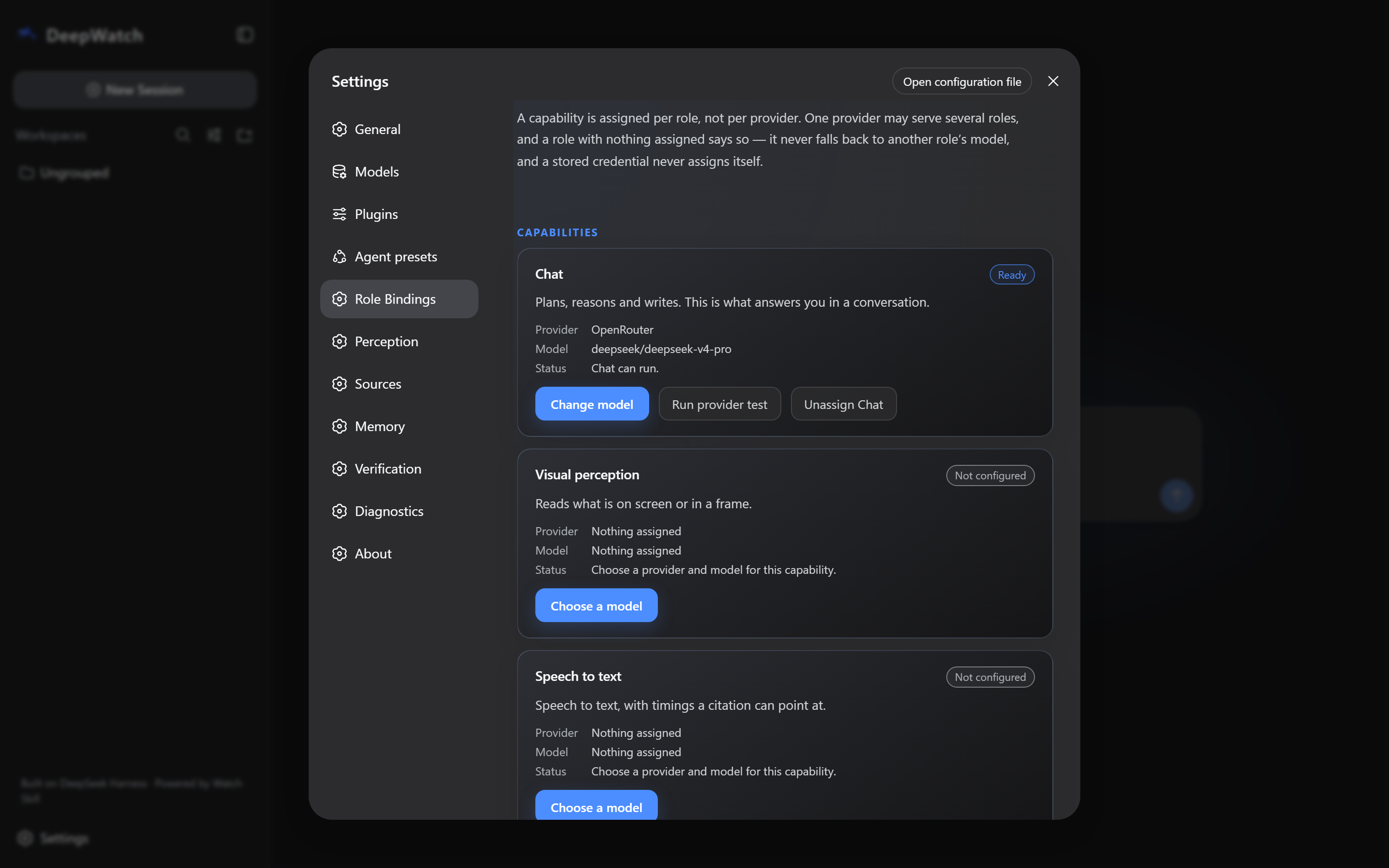DeepWatch Settings on Role Bindings. Chat is marked Ready, bound to OpenRouter and deepseek/deepseek-v4-pro, with the actions Change model, Run provider test and Unassign Chat. Visual perception and Speech to text are each marked Not configured with nothing assigned and a Choose a model button.