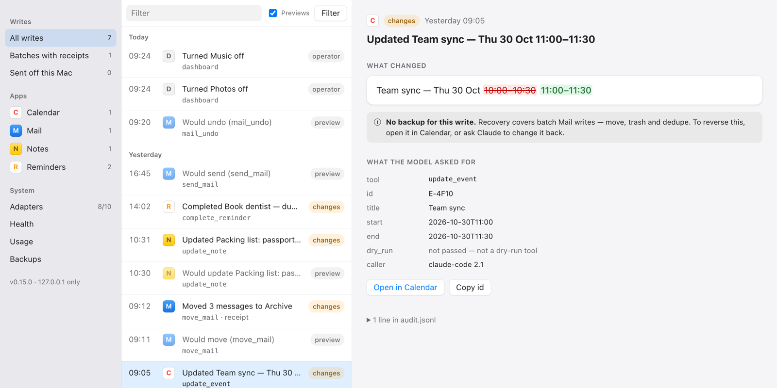One calendar edit in the dashboard: the old time struck through, the new time beside it, and the exact tool call the model made