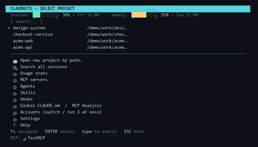claudectl TUI — project picker