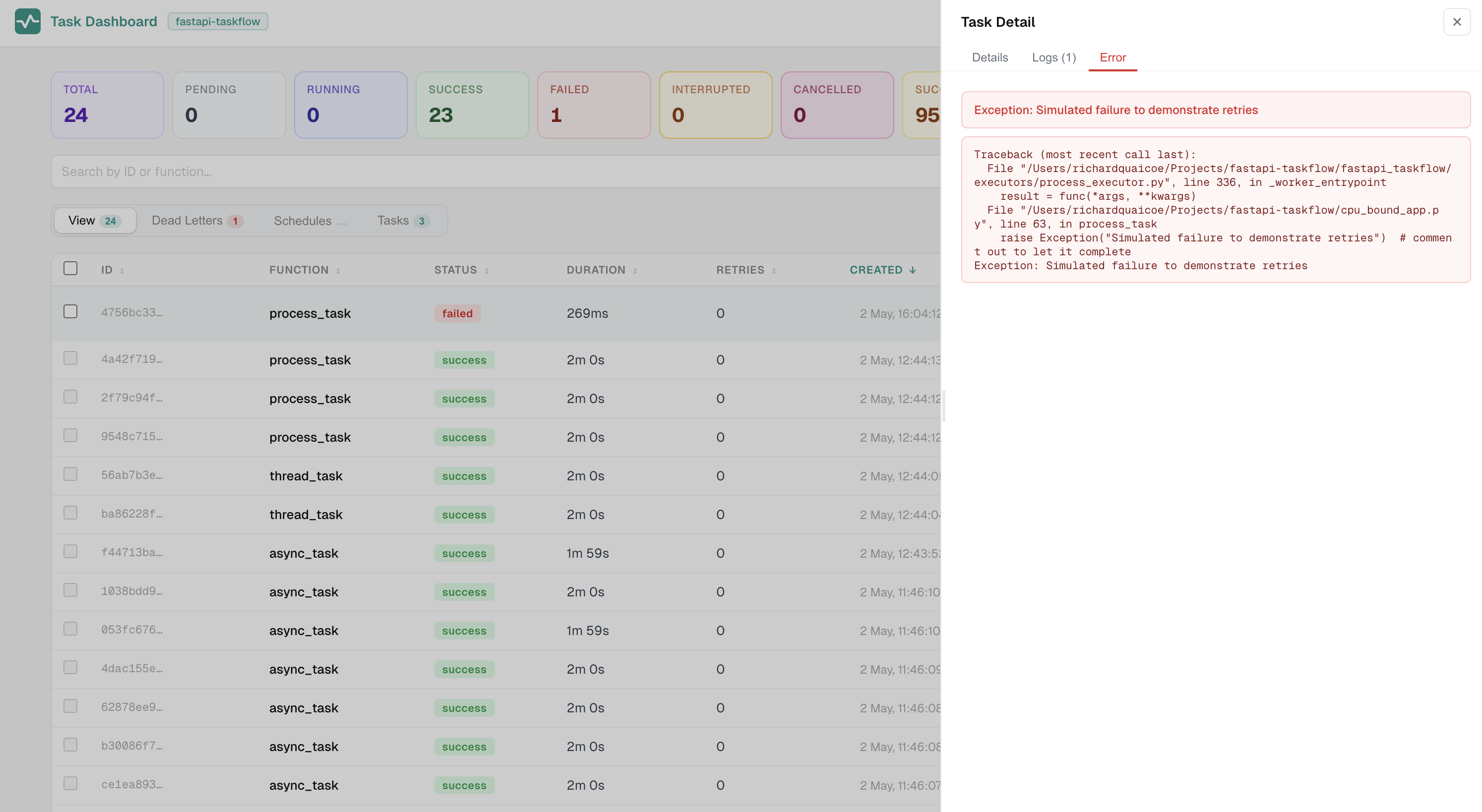 Task error and stack trace panel